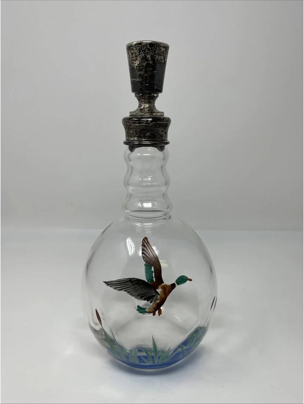 Vintage Hand Painted Mallard Duck Glass Decanter with Decorative Stopper